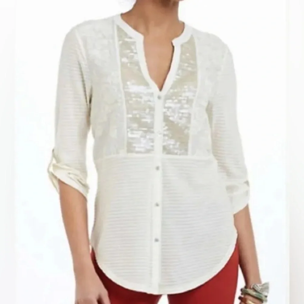 Anthropologie Tiny Sequin Placket Button Down Top Ivory Cream Embroidered Sz S - Picture 1 of 13
